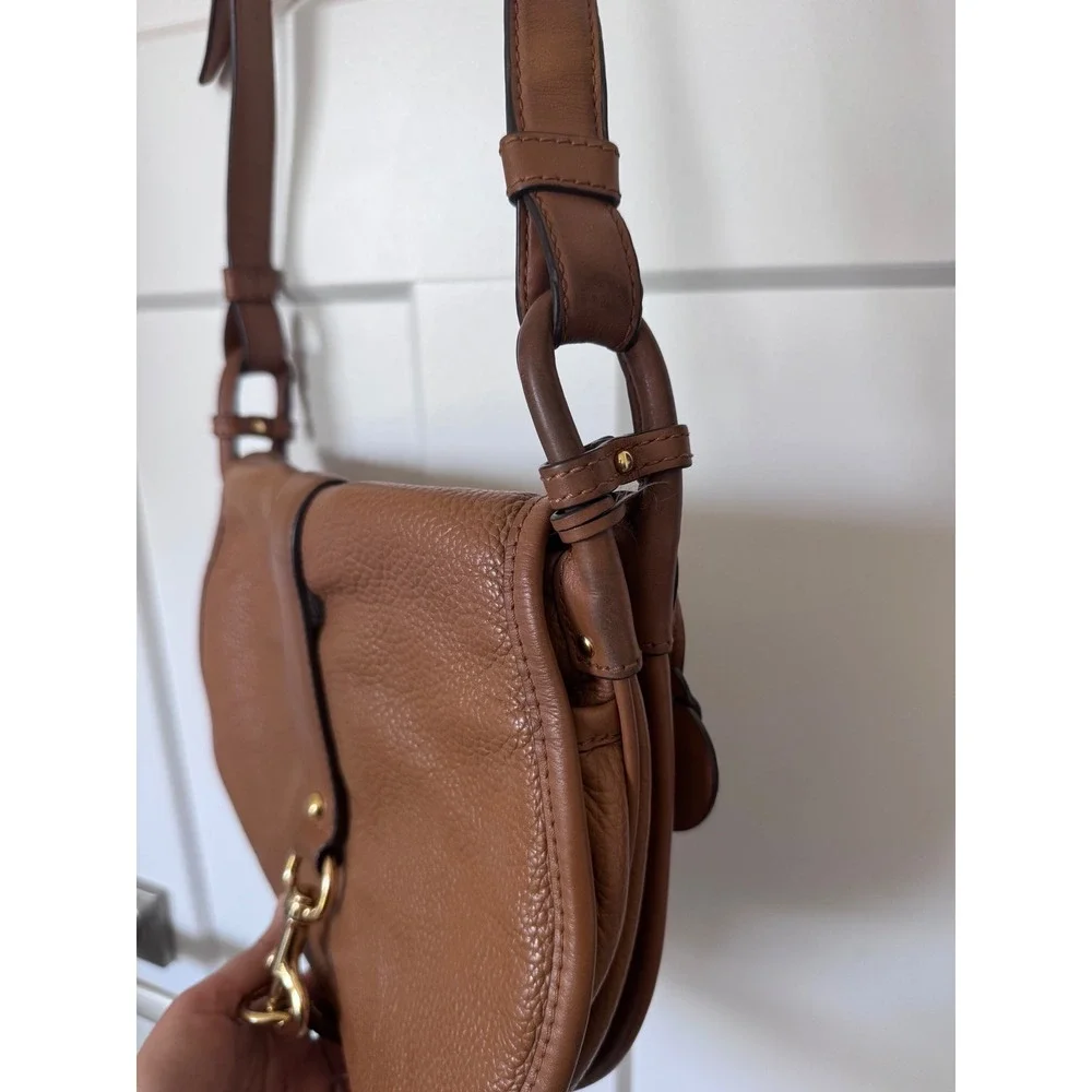 Michael Kors Brown Pebbled Leather Saddle Crossbody Bag Gold Clasp Acorn